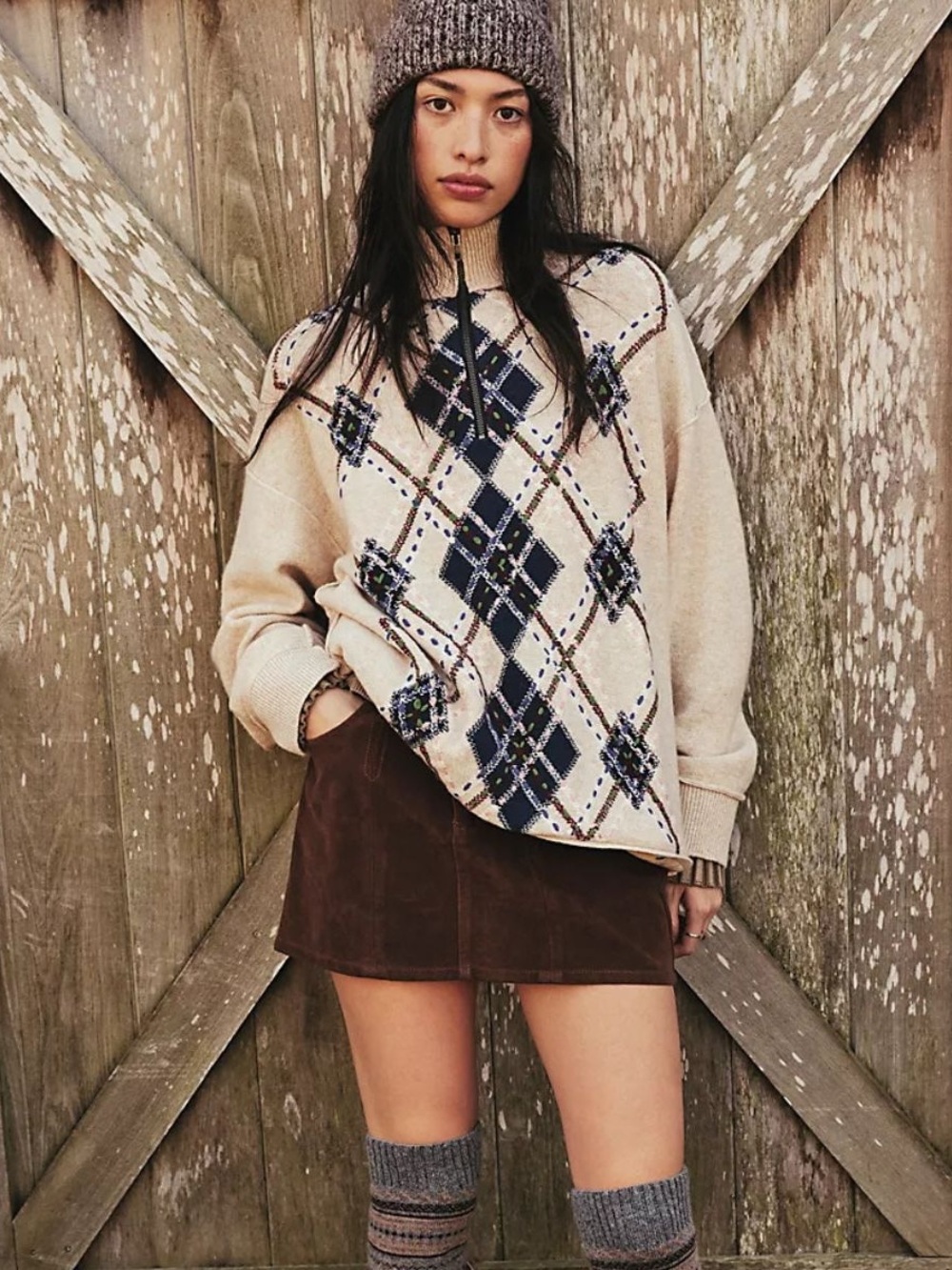 NWT new medium we the free people Marni quarter zip sweater embroidered argyle
